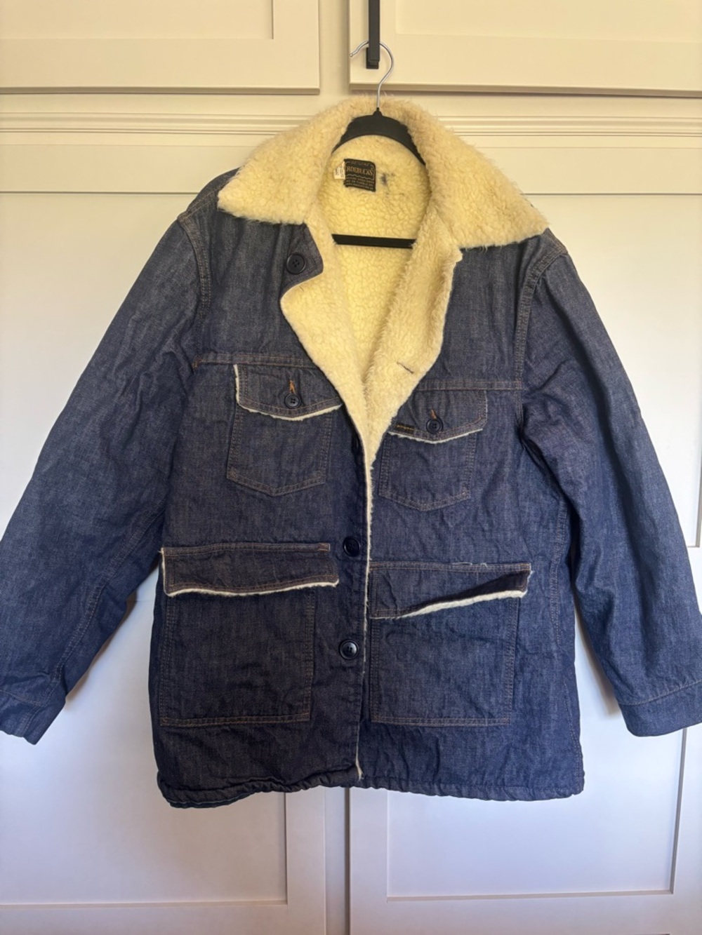 VTG Sears Roebucks Denim Jacket Mens 46R Trucker Coat Sherpa Lined